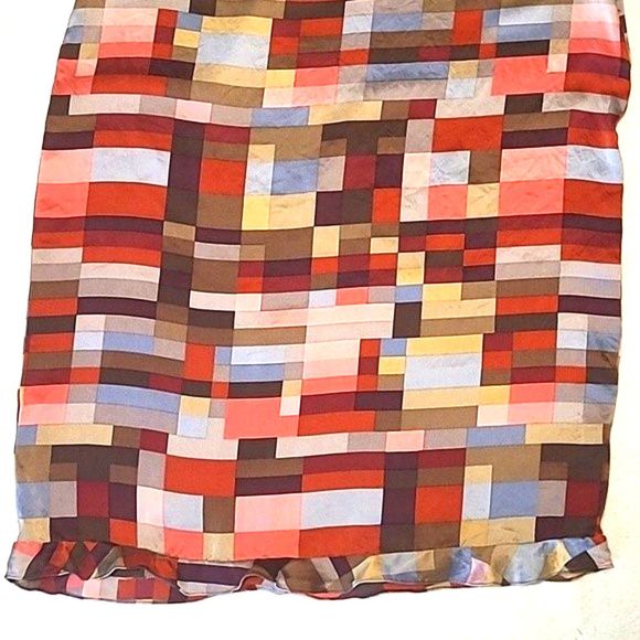 BCBGMaxAzria Straight Silk Long Skirt Below Knee Geometric Patchwork Ruffle Hem - Picture 4 of 16